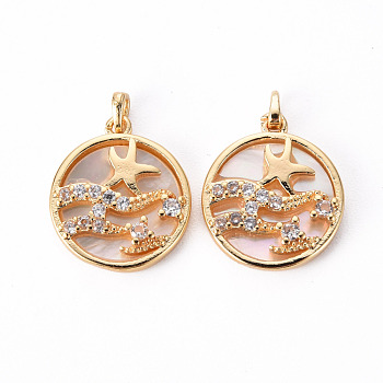 Brass Micro Pave Clear Cubic Zirconia Charms, with Shell, Flat Round with Starfish, Nickel Free, Real 18K Gold Plated, 20.5x13.5x2mm, Hole: 1mm