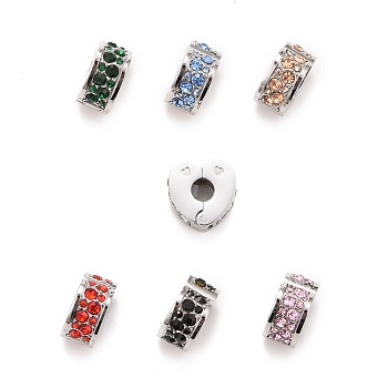 304 Stainless Steel European Clasps, with Rhinestone, Large Hole Beads, Stainless Steel Color, Heart, Mixed Color, 11x11x5.5mm, Hole: 3.5mm