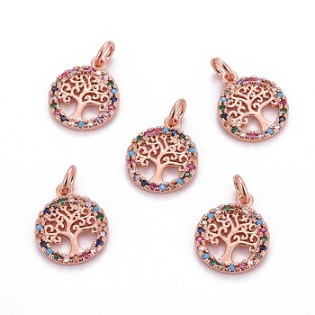 Brass Micro Pave Cubic Zirconia Charms, with Jump Rings, Flat Round with Tree of Life, Colorful, Rose Gold, 14.5x12x1.5mm, Hole: 2.5mm