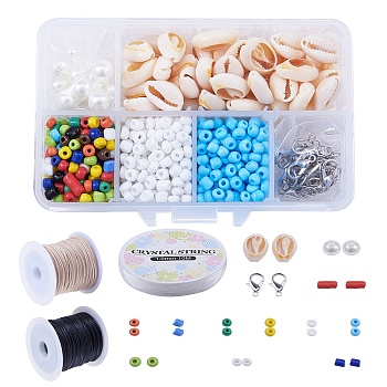 DIY Jewelry Sets, with Cowrie Shell Beads, Glass Seed Beads, Iron Jump Rings, Alloy Lobster Claw Clasps, ABS Plastic Imitation Pearl Beads, Waxed Polyester Cords, Mixed Color, 15x10.6x4.9cm