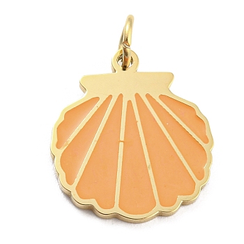 304 Stainless Steel Charms, with Enamel and Jump Ring, Real 14K Gold Plated, Shell Shape Charm, Orange, 13x12x1mm, Hole: 3mm