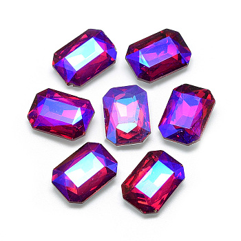 Pointed Back Glass Rhinestone Cabochons, Back Plated, Faceted, AB Color Plated, Rectangle Octagon, Red, 18x13x5mm