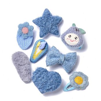 kids Hair Clips Sets, Iron Snap Hair Clips & Alligator Hair Clips, with Wool and Cloth, Teardrop & Strawberry & Star & Bowknot & Flower, Light Steel Blue, 52~67x29~64x3~24mm, 8pcs/set