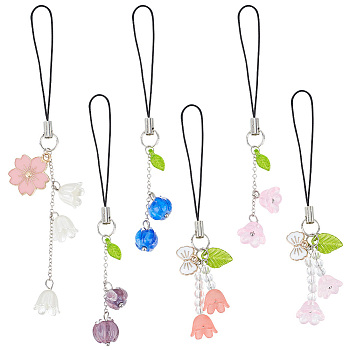 Lily of the Valley Acrylic Mobile Straps, with Alloy Enamel Charms and Polyester Cord Mobile Accessories Decoration, Mixed Color, 9.8~12.5cm, 6pcs/set