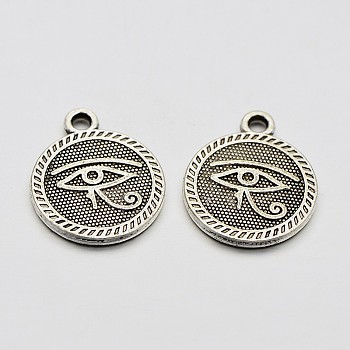 Tibetan Style Alloy Pendants, Flat Round with Horus Eye Pattern, Lead Free & Nickel Free, Antique Silver, 18x15x2mm, Hole: 2mm