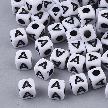 White Opaque Acrylic Beads, Horizontal Hole, Cube with Black Alphabet, Letter.A, 4~5x4~5x4~5mm, Hole: 1.8mm, about 258~260pcs/20g