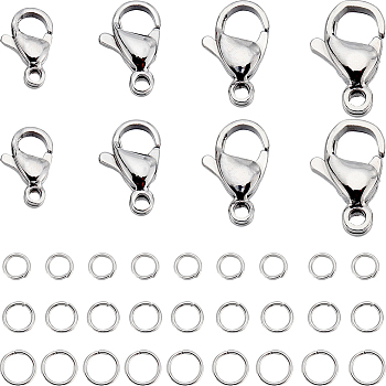 80Pcs 4 Styles 304 Stainless Steel Lobster Claw Clasps, 150Pcs Open Jump Rings, Stainless Steel Color, 9~13x6~8x3~4mm, Hole: 1~1.5mm, 20Pcs/style