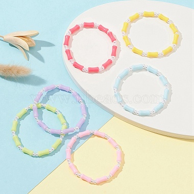 6Pcs 6 Color Bamboo Stick Acrylic & ABS Plastic Pearl Beaded Stretch Bracelets Set(BJEW-JB09550)-4