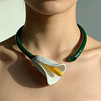 Alloy Enamel White Flower Hinged Cuff Choker Necklaces for Women, Golden, Green, 13.78 inch(35cm)(WG1B8A2-03)