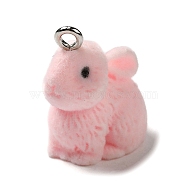Opaque Resin Pendants, Flocky Rabbit Charms with Platinum Plated Iron Loops, Pink, 22x12x19.5mm, Hole: 2mm(X-RESI-P032-B01)