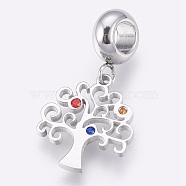 304 Stainless Steel European Dangle Charms, Large Hole Pendants, with Rhinestone, Tree, Stainless Steel Color, 25.5mm, Hole: 4mm, Pendant: 15.5x13.5x1mm(STAS-O097-07P)