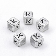 Plated Acrylic Beads, Horizontal Hole, Cube with Letter, Antique Silver, Letter.K, 6mm, Hole: 3mm, about 3000pcs/500g(PB43C9308-K)