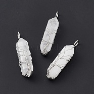 Natural Quartz Crystal Copper Wire Wrapped Pendants, Faceted Bullet Charms, Platinum, 49x14.5x11.5mm, Hole: 5mm(G-F733-05G)