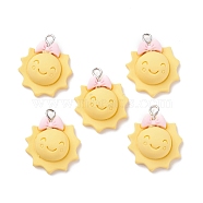 Opaque Resin Pendants, with Platinum Tone Iron Loops, Smiling Sun with Bowknot, Yellow, 25.5x21x8.5mm, Hole: 2mm(RESI-F030-07)