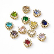 Rack Plating Brass Micro Pave Cubic Zirconia Beads, with Glass, Real 18K Gold Plated, Long-Lasting Plated, Cadmium Free & Nickel Free & Lead Free, Heart, Mixed Color, 10.5x10.5x6mm, Hole: 1.2~3.5x1.2~1.4mm(KK-C007-12G)