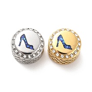 304 Stainless Steel European Beads, with Enamel & Rhinestone, Large Hole Beads, Golden & Stainless Steel Color, Flat Round with High Heel, Blue, 12x8mm, Hole: 4mm(STAS-D180-15GP-01)