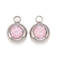 304 Stainless Steel Charms, Flat Round with Glass Rhinestone, Stainless Steel Color, Lavender Blush, 14x10x6mm, Hole: 2.5mm(STAS-G133-13J)