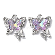 Alloy Resin Pendants, Lead Free & Cadmium Free, Butterfly Charms with Crystal Rhinestone, Lilac, Platinum, 21x17x4.5mm, Hole: 2mm(FIND-Z014-14P)
