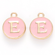 Golden Plated Alloy Enamel Charms, Cadmium Free & Lead Free, Enamelled Sequins, Flat Round with Letter, Pink, Letter.E, 14x12x2mm, Hole: 1.5mm(ENAM-S118-07E)