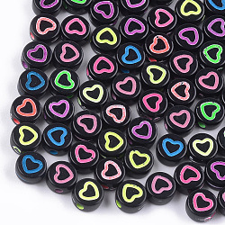 Craft Style Acrylic Beads, Flat Round with Heart, Mixed Color, 7x3.5mm, Hole: 1.5mm, about 400~440pcs/50g(X-MACR-T023-24C)