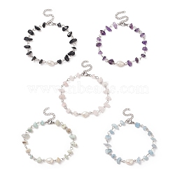 Natural Gemstone Beaded Anklets, with 304 Stainless Steel Findings and Natural Cultured Freshwater Pearl, 8-1/2 inch(21.7cm)(AJEW-AN00515)