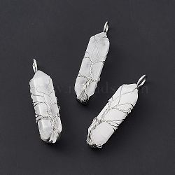 Natural Quartz Crystal Copper Wire Wrapped Pointed Pendants, Faceted Bullet Charms, Platinum, 49x14.5x11.5mm, Hole: 5mm(G-F733-05G)