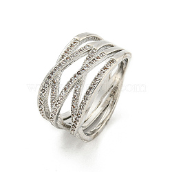 Long-Lasting Plated Brass Micro Pave Cubic Zirconia Wide Band Finger Rings, Criss Cross Rings for Women, Platinum, Inner Diameter: 19mm(RJEW-I103-052P)