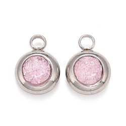 304 Stainless Steel Charms, Flat Round with Glass Rhinestone, Stainless Steel Color, Lavender Blush, 14x10x6mm, Hole: 2.5mm(STAS-G133-13J)