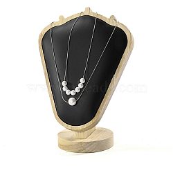 Bust Shaped PU Leather Necklace Display Stands, with Wood Pedestal, Black, 15.1x8.55x20.3cm(NDIS-C005-02A)