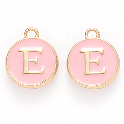Golden Plated Alloy Enamel Charms, Cadmium Free & Lead Free, Enamelled Sequins, Flat Round with Letter, Pink, Letter.E, 14x12x2mm, Hole: 1.5mm(ENAM-S118-07E)