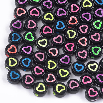 Craft Style Acrylic Beads, Flat Round with Heart, Mixed Color, 7x3.5mm, Hole: 1.5mm, about 400~440pcs/50g