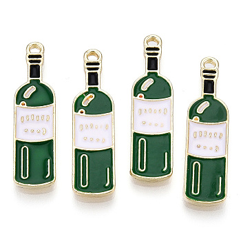 Alloy Pendants, with Enamel, Winebottle with Word, Light Gold, Green, 31x8x2mm, Hole: 1.6mm