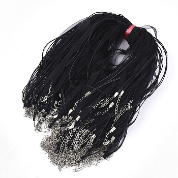 Waxed Cord and Organza Ribbon Necklace Making, with Iron Lobster Claw Clasps, Platinum, Black, 17.6 inch~17.8 inch(45~455cm), 7mm