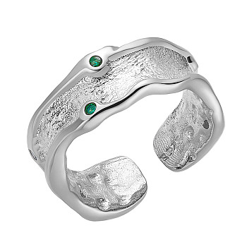 SHEGRACE Rhodium Plated 925 Sterling Silver Cuff Rings, Open Rings, with Grade AAA Cubic Zirconia, Textured, with 925 Stamp, Green, Platinum, US Size 5, Inner Diameter: 16mm