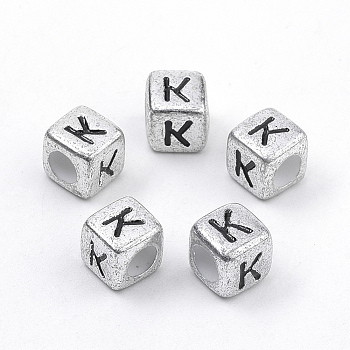 Plated Acrylic Beads, Horizontal Hole, Cube with Letter, Antique Silver, Letter.K, 6mm, Hole: 3mm, about 3000pcs/500g