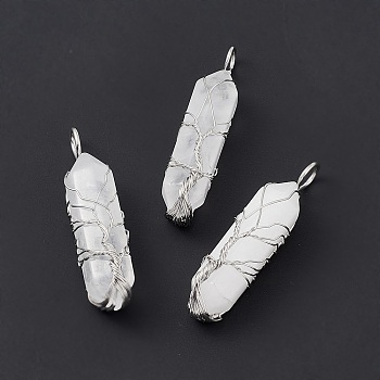 Natural Quartz Crystal Copper Wire Wrapped Pendants, Faceted Bullet Charms, Platinum, 49x14.5x11.5mm, Hole: 5mm