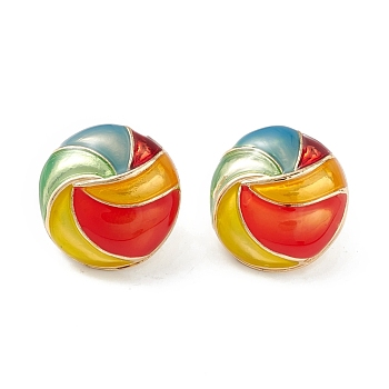 Half Round with Vortex Enamel Stud Earrings, Brass Jewelry for Women, Light Gold, Colorful, 18mm, Pin: 0.7mm