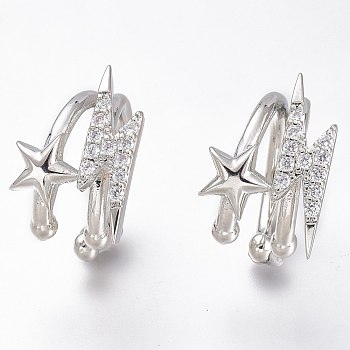 Brass Micro Pave Clear Cubic Zirconia Cuff Earrings, Long-Lasting Plated, Star & Lightning Bolt, Platinum, 16.5x11x16mm