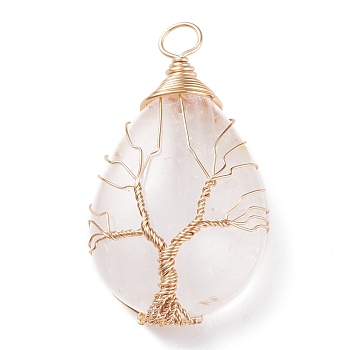 Natural Quartz Crystal Charms, with Brass Findings, Teardrop, 46~48.5x25~26x11~12mm, Hole: 4~5.5mm