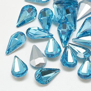 Pointed Back Glass Rhinestone Cabochons, Back Plated, Faceted, teardrop, Aquamarine, 10x6x3mm