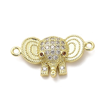 Brass Micro Pave Clear Cubic Zirconia Elephant Connector Charms, Long-Lasting Plated, Cadmium Free & Lead Free, Rack Plating, Real 18K Gold Plated, 12x22.5x3.5mm, Hole: 1.2mm
