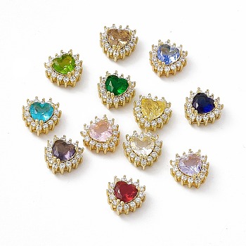 Rack Plating Brass Micro Pave Cubic Zirconia Beads, with Glass, Real 18K Gold Plated, Long-Lasting Plated, Cadmium Free & Nickel Free & Lead Free, Heart, Mixed Color, 10.5x10.5x6mm, Hole: 1.2~3.5x1.2~1.4mm