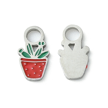 304 Stainless Steel Manual Polishing Charms, with Enamel, Potted Plant Charm, Stainless Steel Color, 11x6x1mm, Hole: 2.5mm