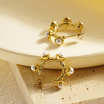 Stainless Steel Stud Earrings, Imitation Pearl Half Hoop Earring for Women, Real 18K Gold Plated, 25mm