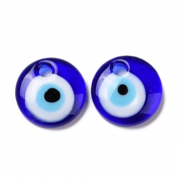 Handmade Lampwork Evil Eye Pendants, Flat Round, Blue, 15x4mm, Hole: 2.8mm