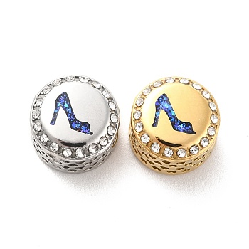 304 Stainless Steel European Beads, with Enamel & Rhinestone, Large Hole Beads, Golden & Stainless Steel Color, Flat Round with High Heel, Blue, 12x8mm, Hole: 4mm