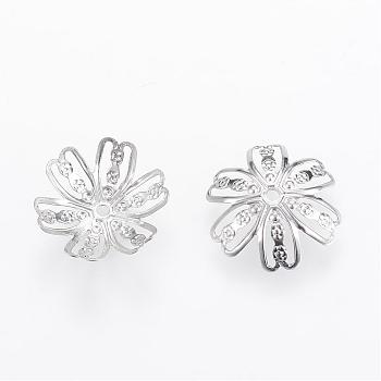 304 Stainless Steel Fancy Bead Caps, 6-Petal Flower, Stainless Steel Color, 15x14x4mm, Hole: 1mm