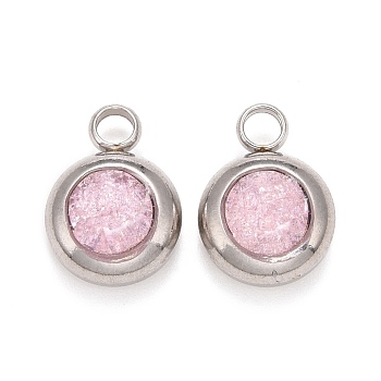 304 Stainless Steel Charms, Flat Round with Glass Rhinestone, Stainless Steel Color, Lavender Blush, 14x10x6mm, Hole: 2.5mm