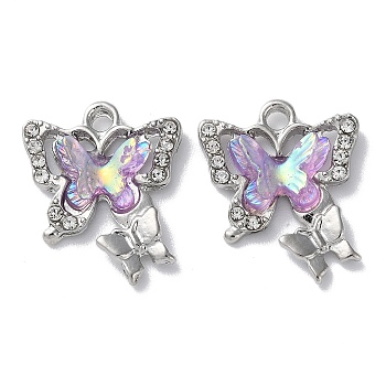 Alloy Resin Pendants, Lead Free & Cadmium Free, Butterfly Charms with Crystal Rhinestone, Lilac, Platinum, 21x17x4.5mm, Hole: 2mm