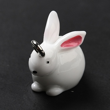Opaque Resin Pendants, Rabbit Charm, with Platinum Tone Iron Loops, White, 18x12x21.5mm, Hole: 2.5mm